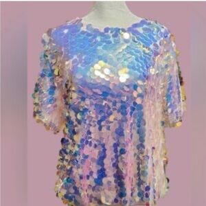 Choosy holographic Sequin Embellished Pink Short Sleeve Oversized Top Size XS